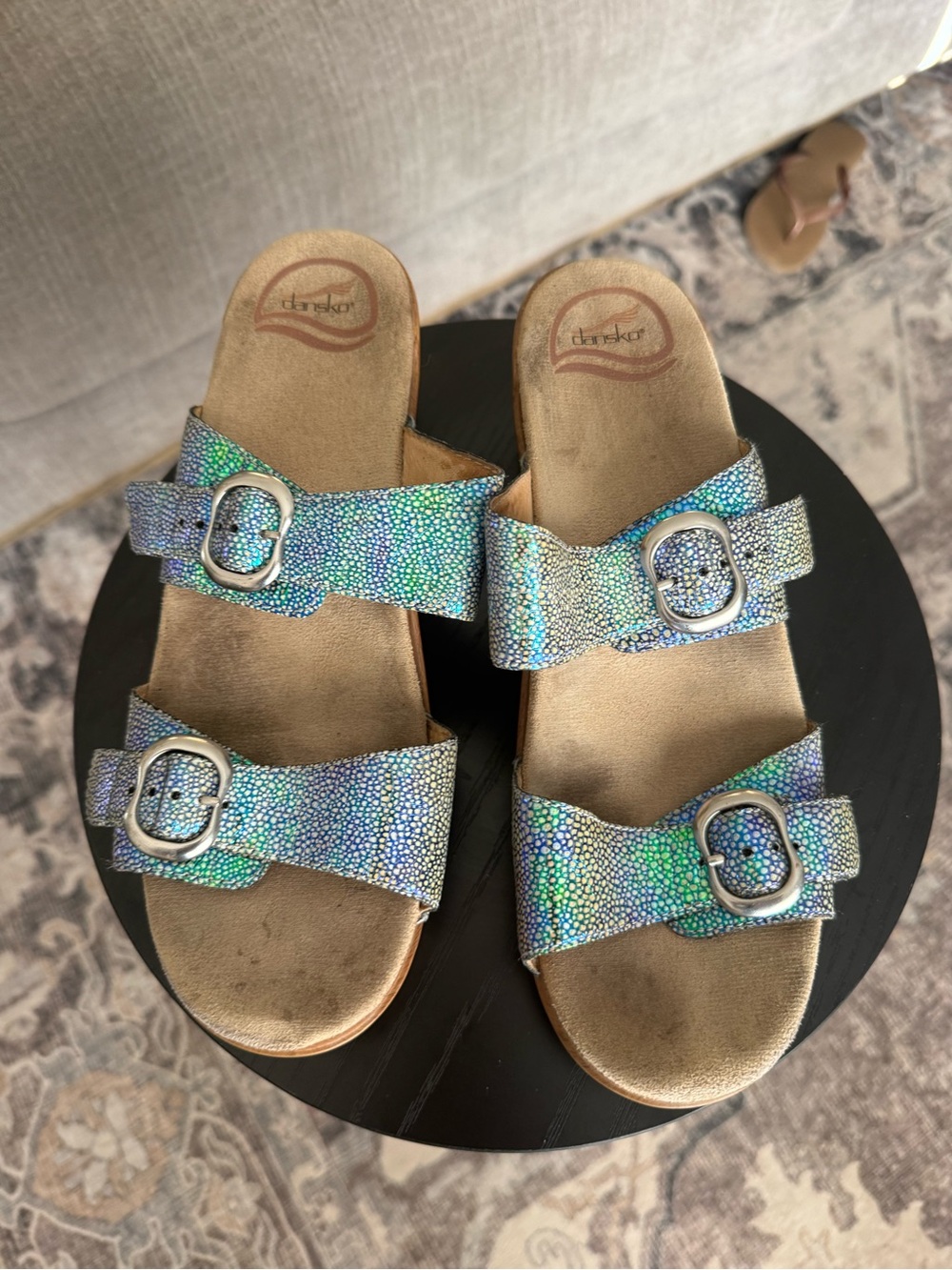 Dansko Iridescent Buckle Strap Slides in Shimmering Green-Blue EU 40
